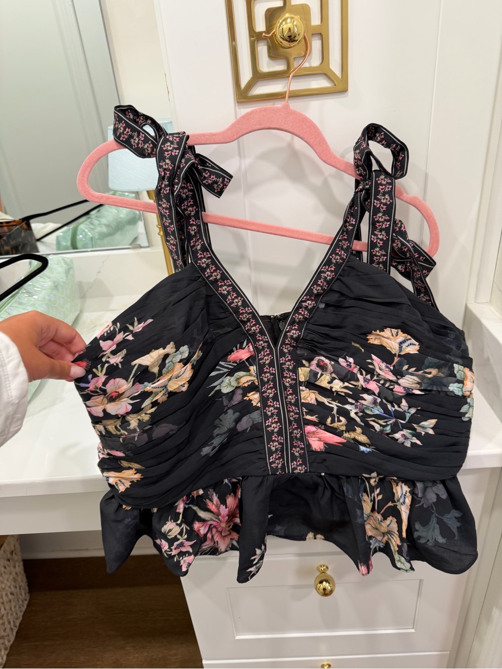 H&M Black Floral Ruffle Tie-Shoulder Camisole